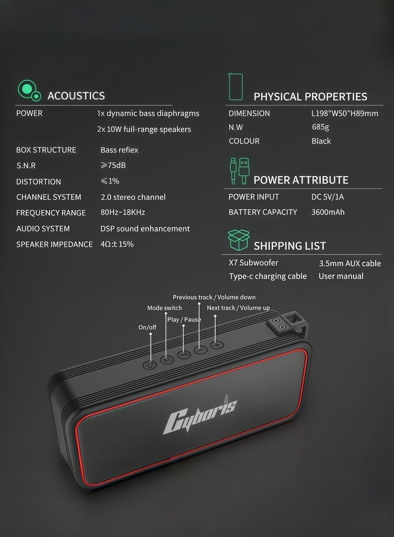 سايبوريس مكبر صوت بلوتوث محمول CYBORIS، مكبرات صوت لاسلكية بصوت عالي الدقة 20 وات، مقاومة للماء IPX7، بلوتوث V5.3، إقران ستيريو مزدوج، 30 ساعة تشغيل للمنزل، الهواء الطلق، السفر، الحفلات، الشاطئ - Image 4